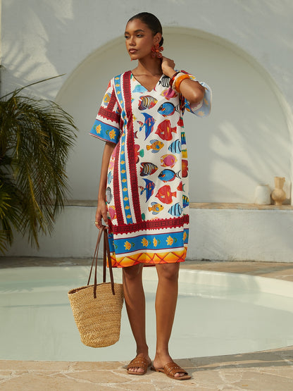 Vacation Ocean Elements Shirred Satin Mini Dress