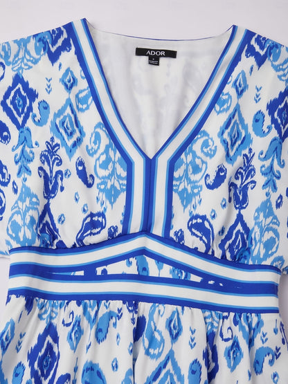 Blue Monochrome Print Empire Waist Midi Dress