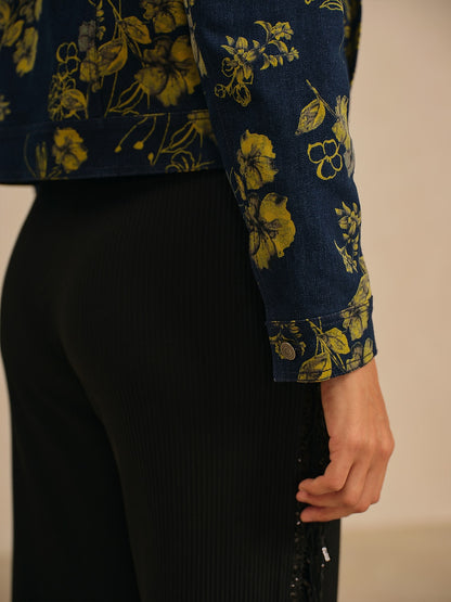 Jacket Denim Fabric Yellow Floral Pattern Turn Down Collar