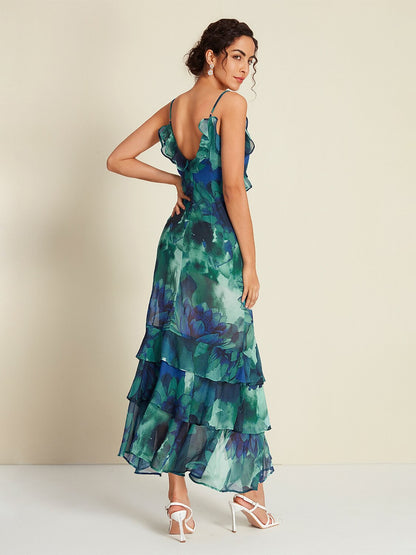 Chiffon Floral Print Ruffle Split Ends Sleeveless Maxi Dress
