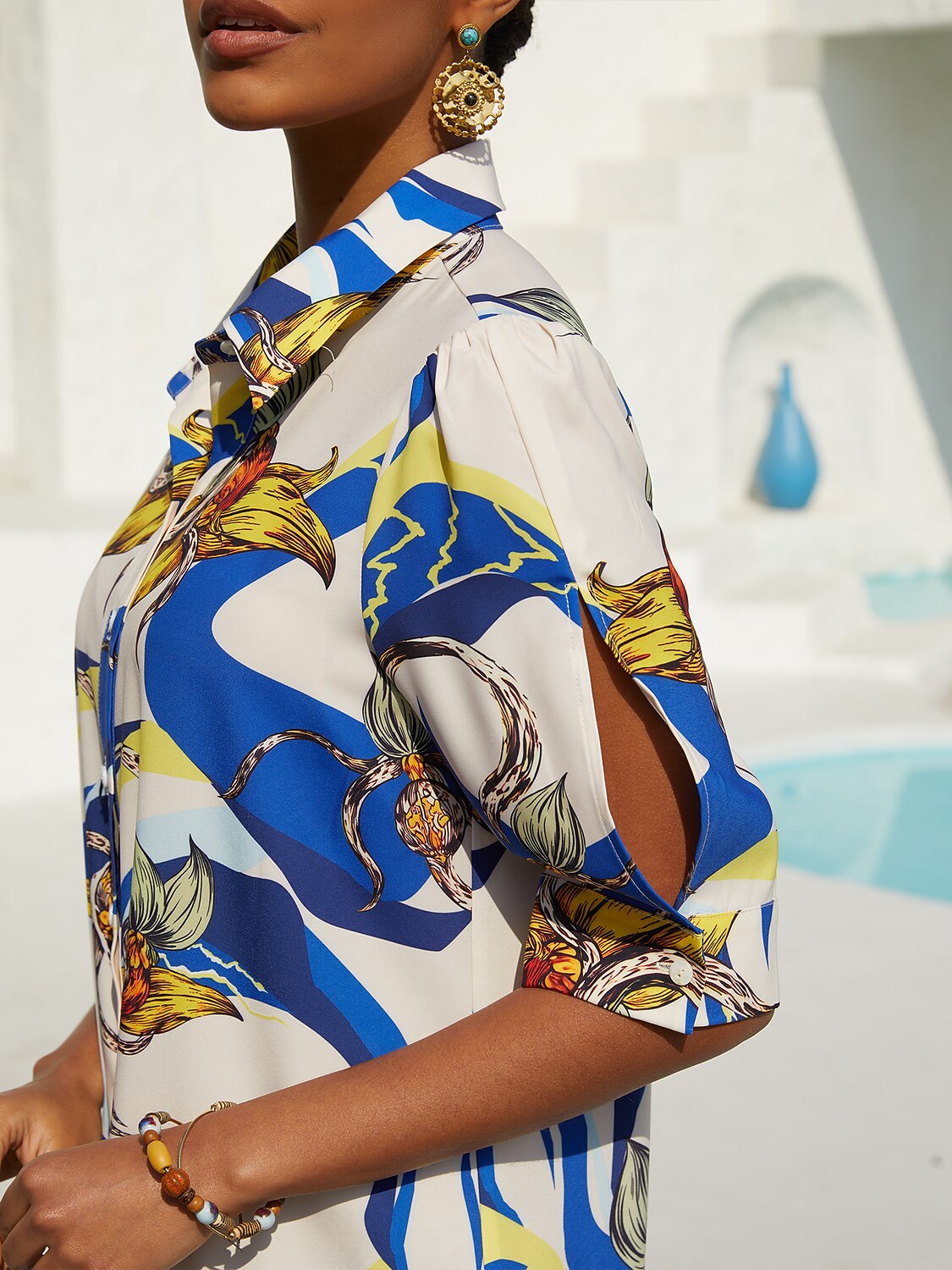 Vacation Scenic Floral Print Straight Satin Shirt Dress