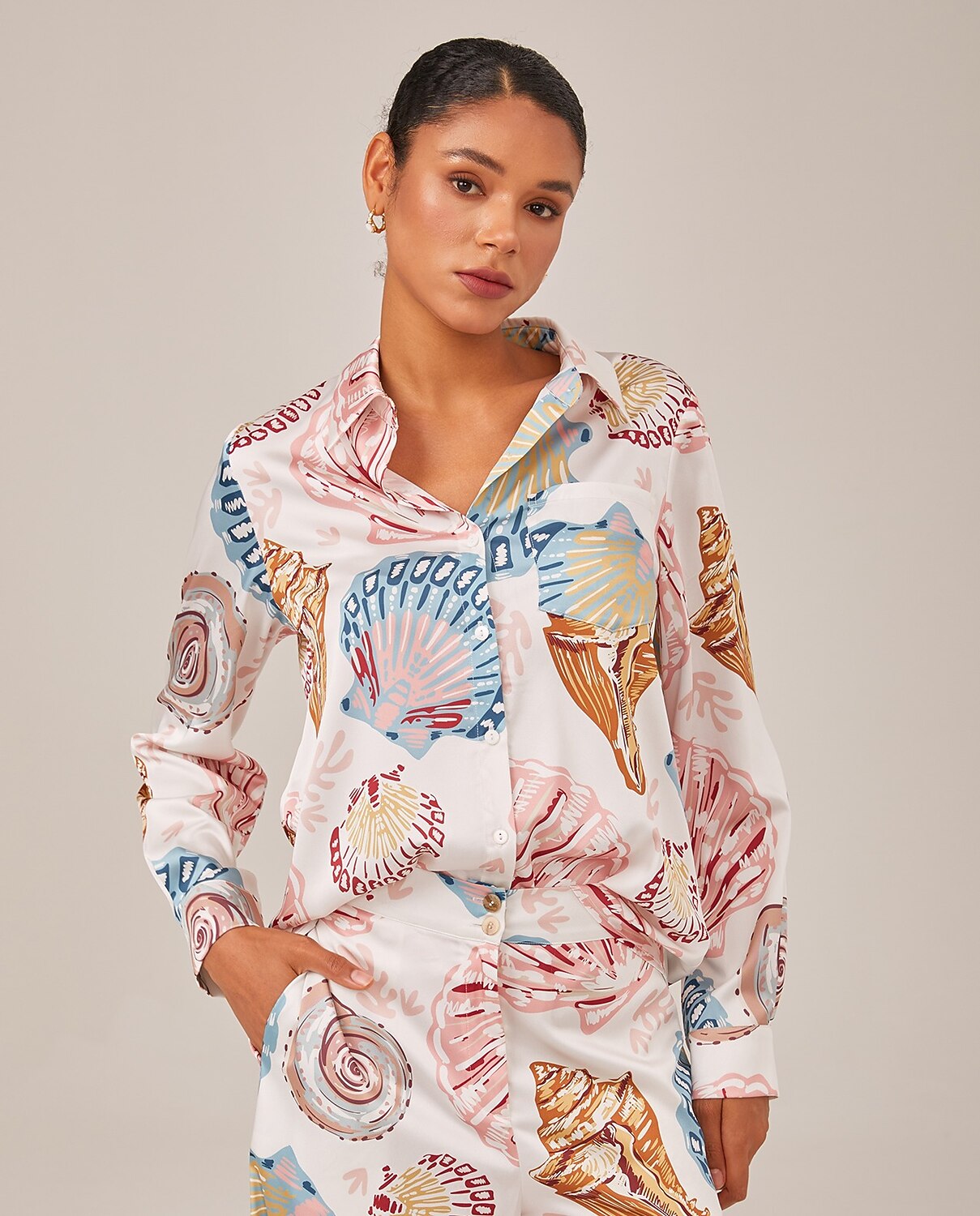 Shell Print Button Down Relaxed Long Sleeve Shirt