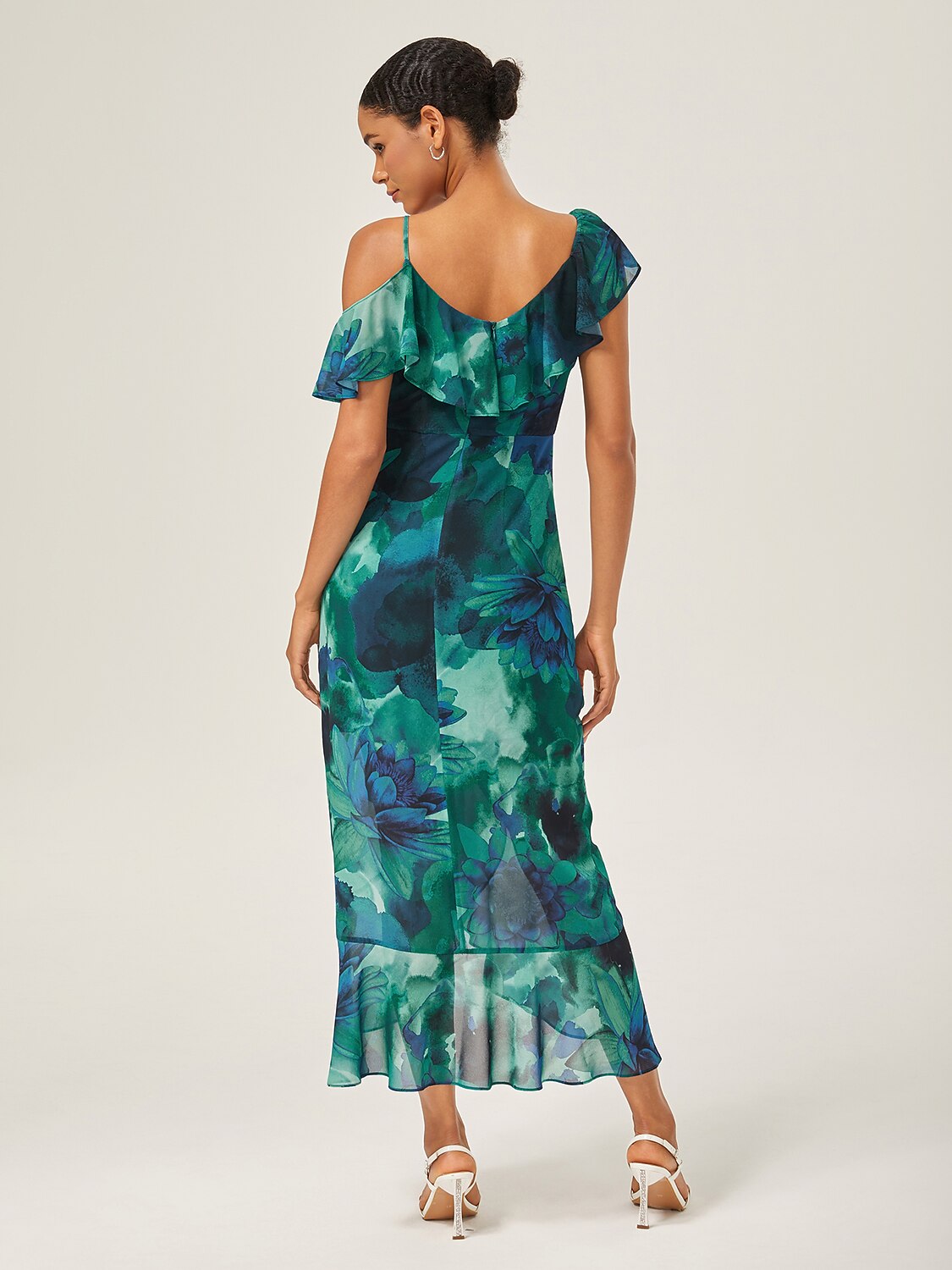 Chiffon Floral Print Ruffled Tie-Front Midi Dress