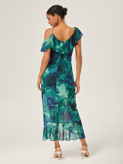 Chiffon Floral Print Ruffled Tie-Front Midi Dress