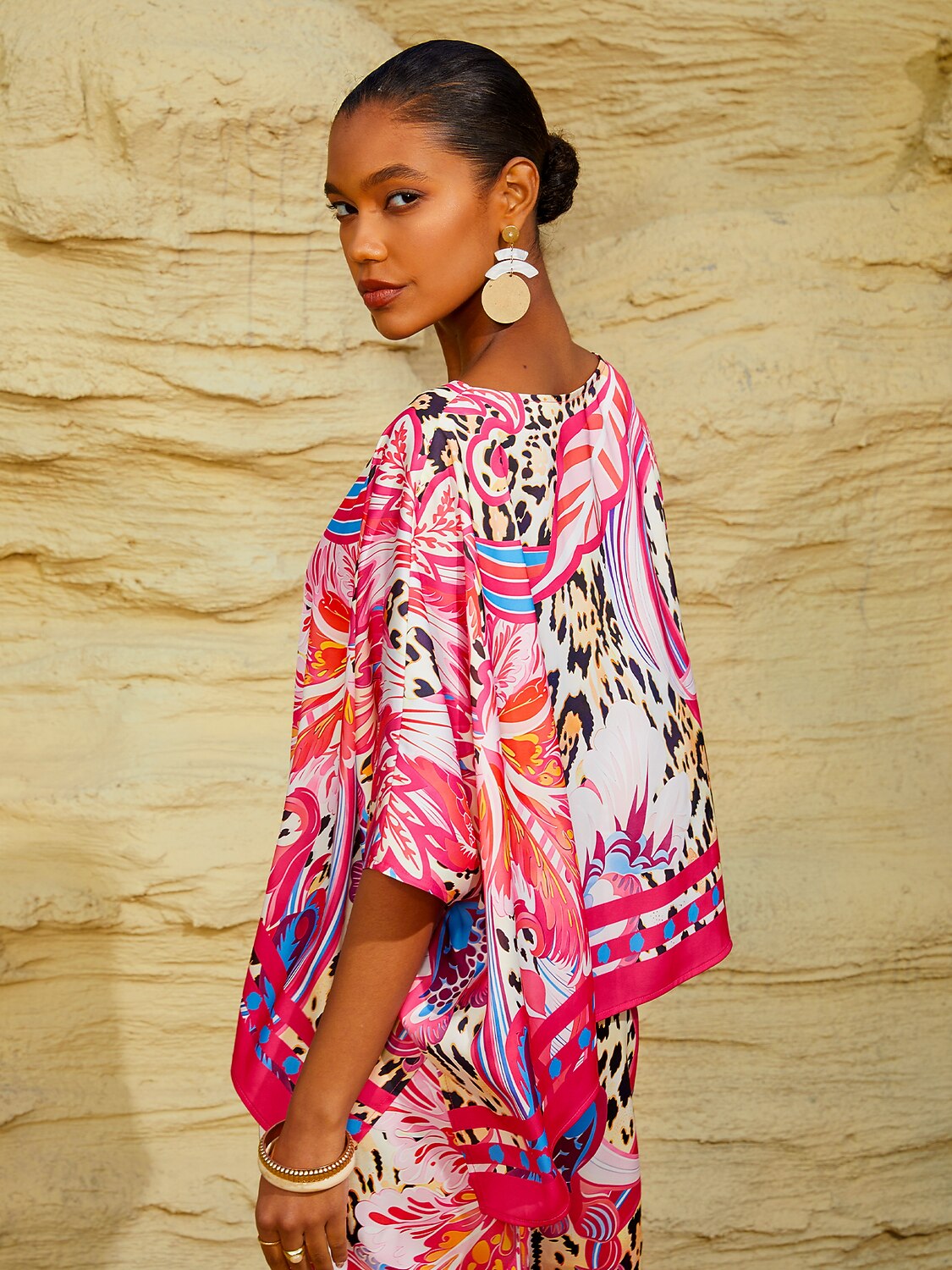 Summer Night Palm Silky Satin Dolman Sleeve Top