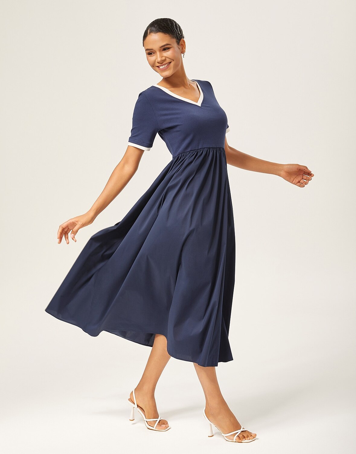 Navy Blue Cotton Knit-Woven Panel Dress