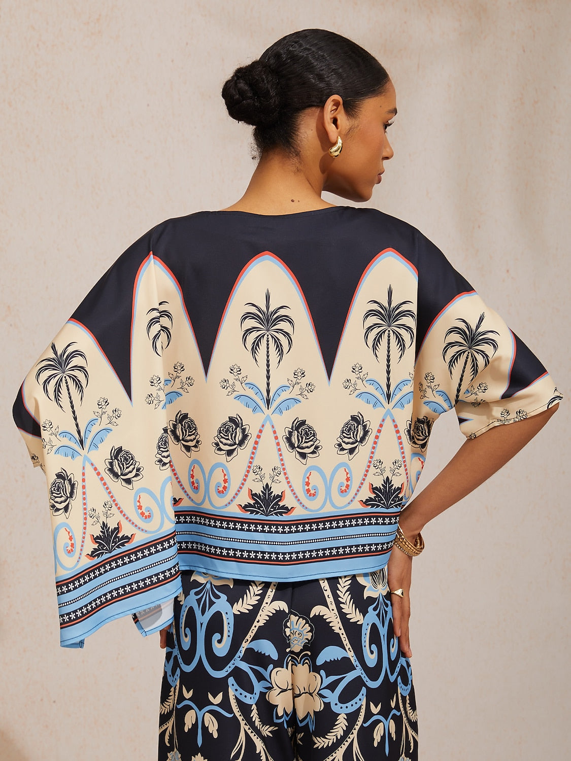 Summer Night Palm Silky Satin Dolman Sleeve Top