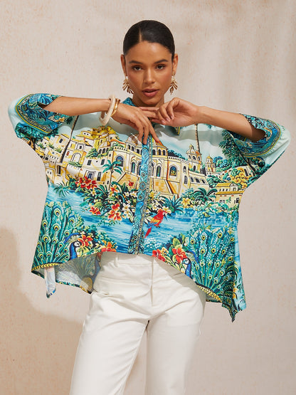 Vacation Scenic Floral Print Dolman Sleeve Chiffon Short Shirt