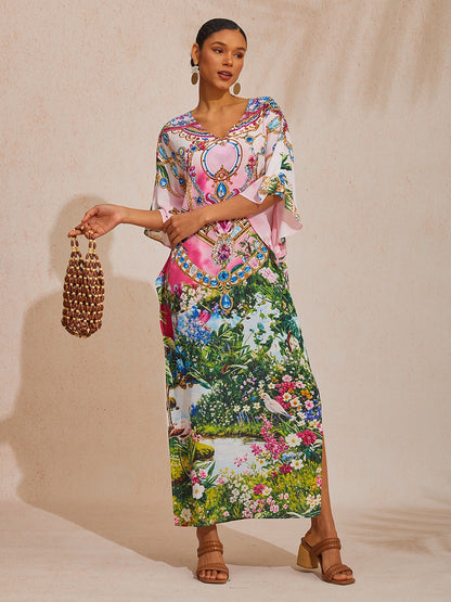 Vacation Jungle Print Dolman Sleeve Chiffon Maxi Dress
