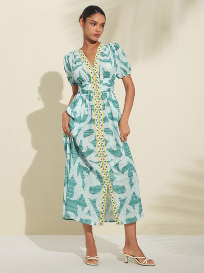 Puff Sleeve V Neck Maxi Dress