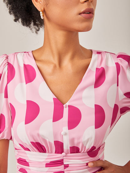 Pink Polka Dot Geometric Print Cinched Waist Dress