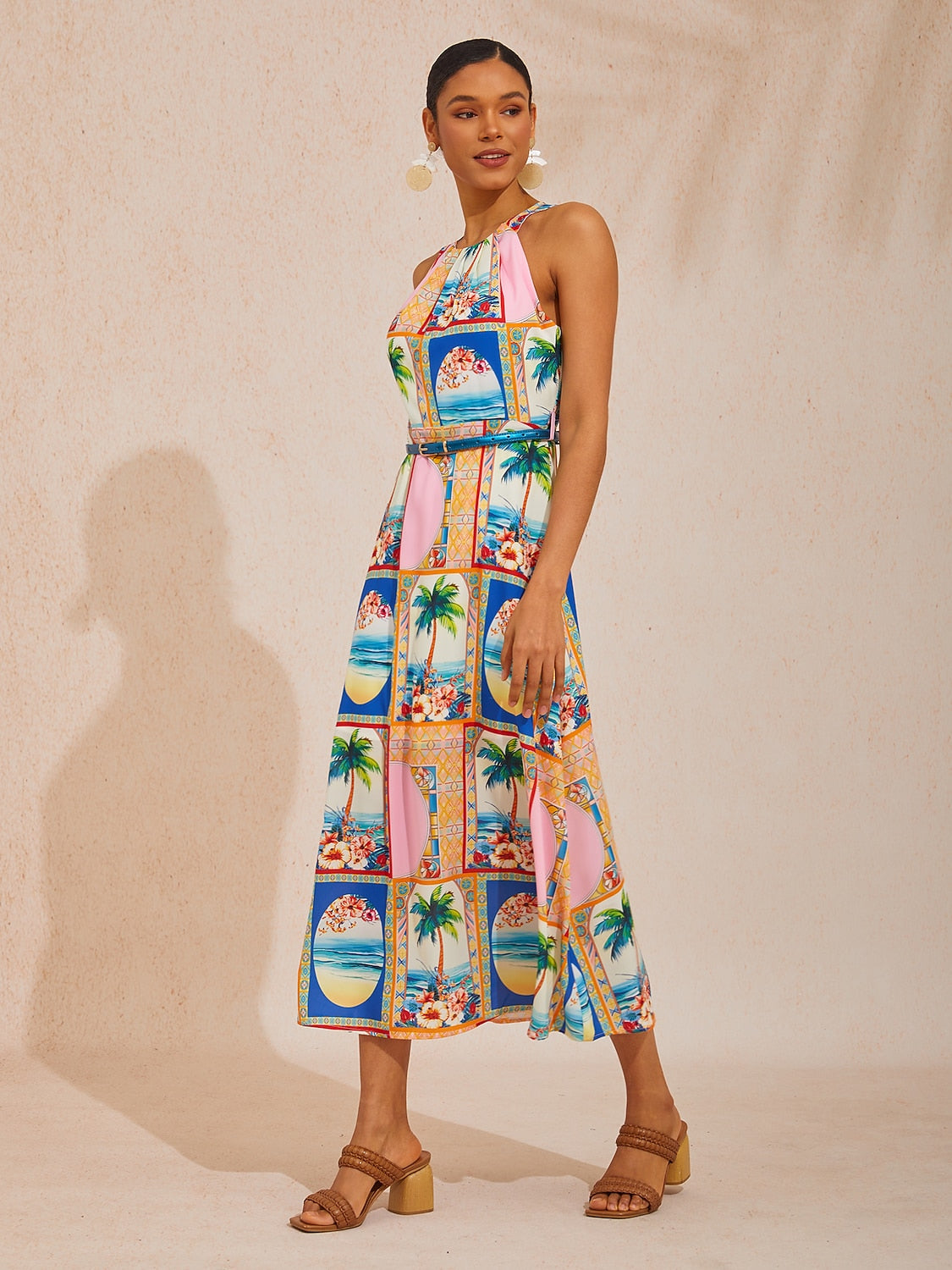 Vacation Geometric Floral Print Waist-cinching Sleeveless Satin Maxi Dress