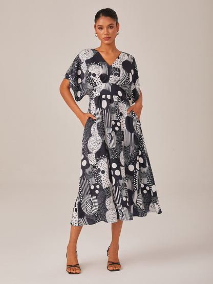 Midi Dress Chiffon Geometric Polka Dot Print