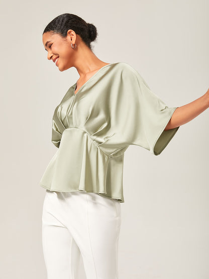 Satin Dolman Sleeve Inverted Pleat V-Neck Top