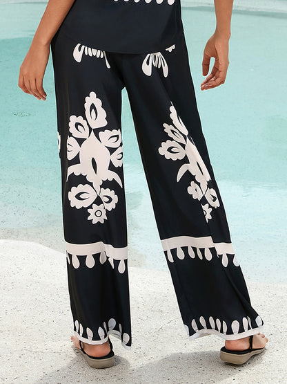 Pants Black Floral Print Straight Leg Satin