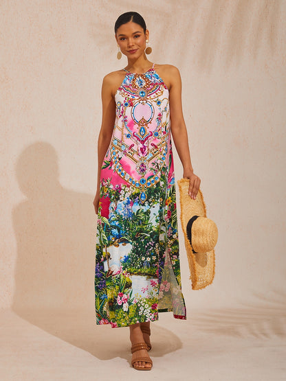 Vacation Jungle Print Sleeveless Loose Satin Maxi Dress