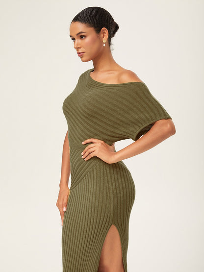 Olive Green One-Shoulder Knitted Bodycon Maxi Dress