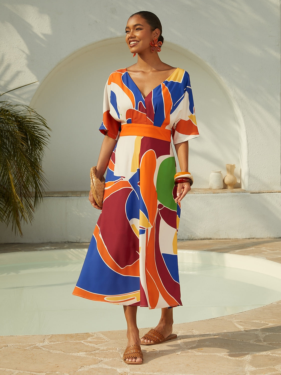 Vacation Geometric Color Block Print Satin Maxi Dress