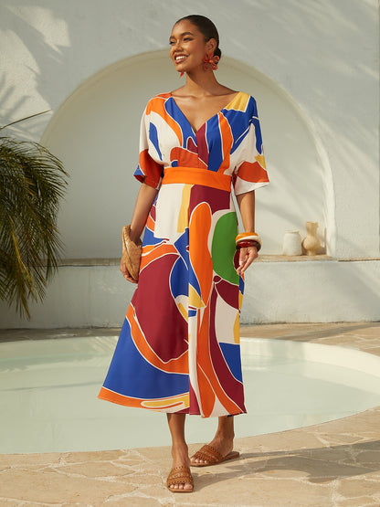 Vacation Geometric Color Block Print Satin Maxi Dress