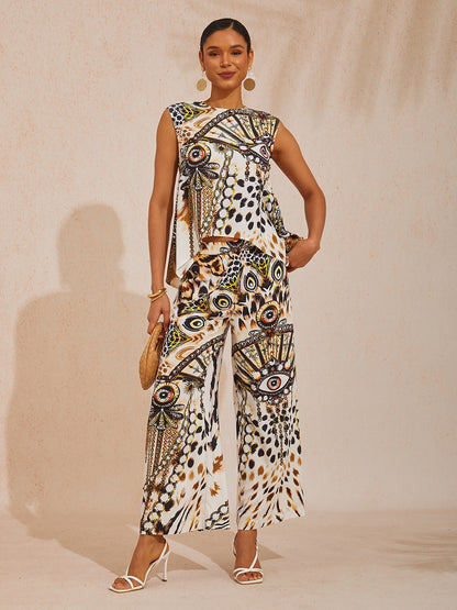 Vacation Leopard Chain Print Elastic Waist Satin Straight Pants