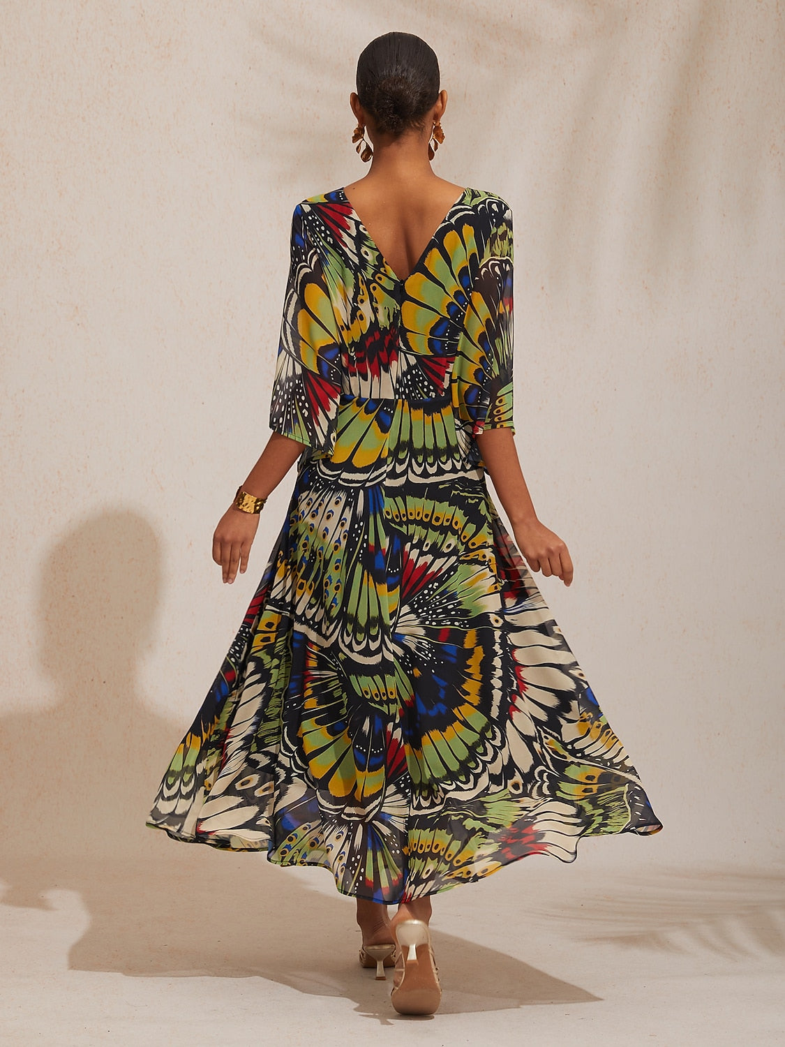 Vacation Butterfly Print Waist Defined Chiffon Maxi Dress