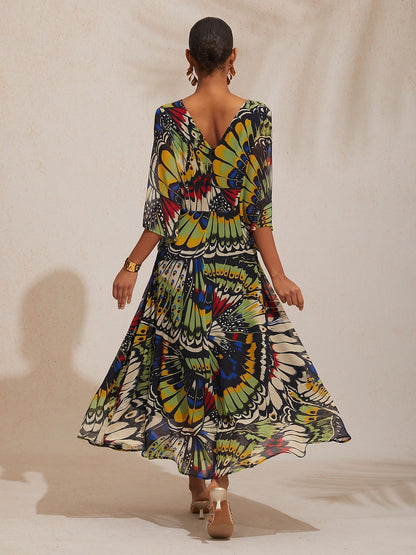 Vacation Butterfly Print Waist Defined Chiffon Maxi Dress
