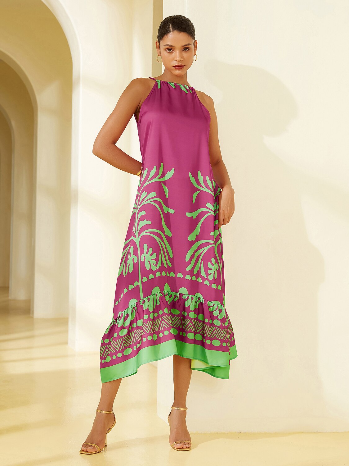 Satin Vacation-Style Geometric Pattern Sleeveless Midi Dress