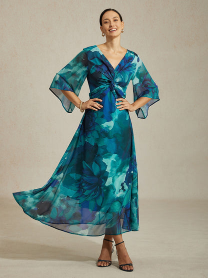 Maxi Dress Green Abstract Floral Print Twist Knot