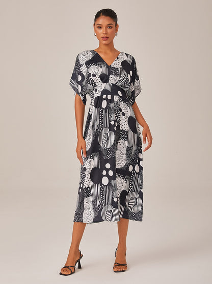 Midi Dress Chiffon Geometric Polka Dot Print