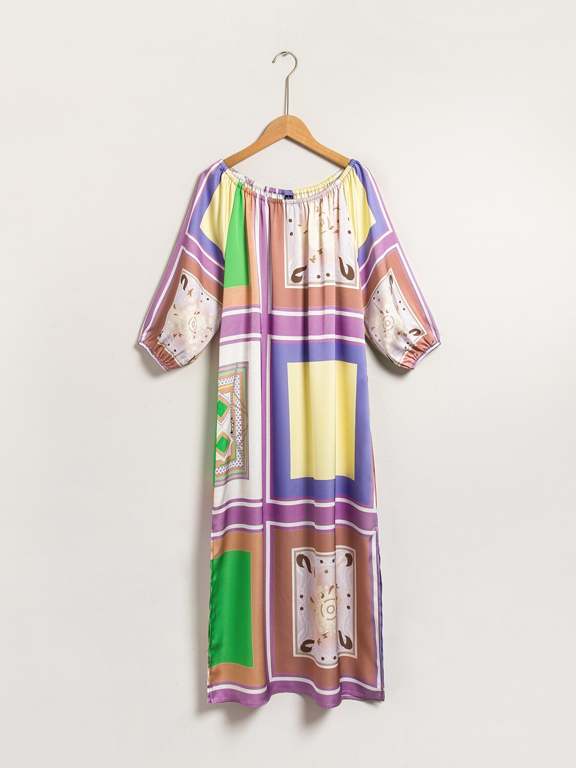 Satin Scarf Geometrical Print Midi Dress