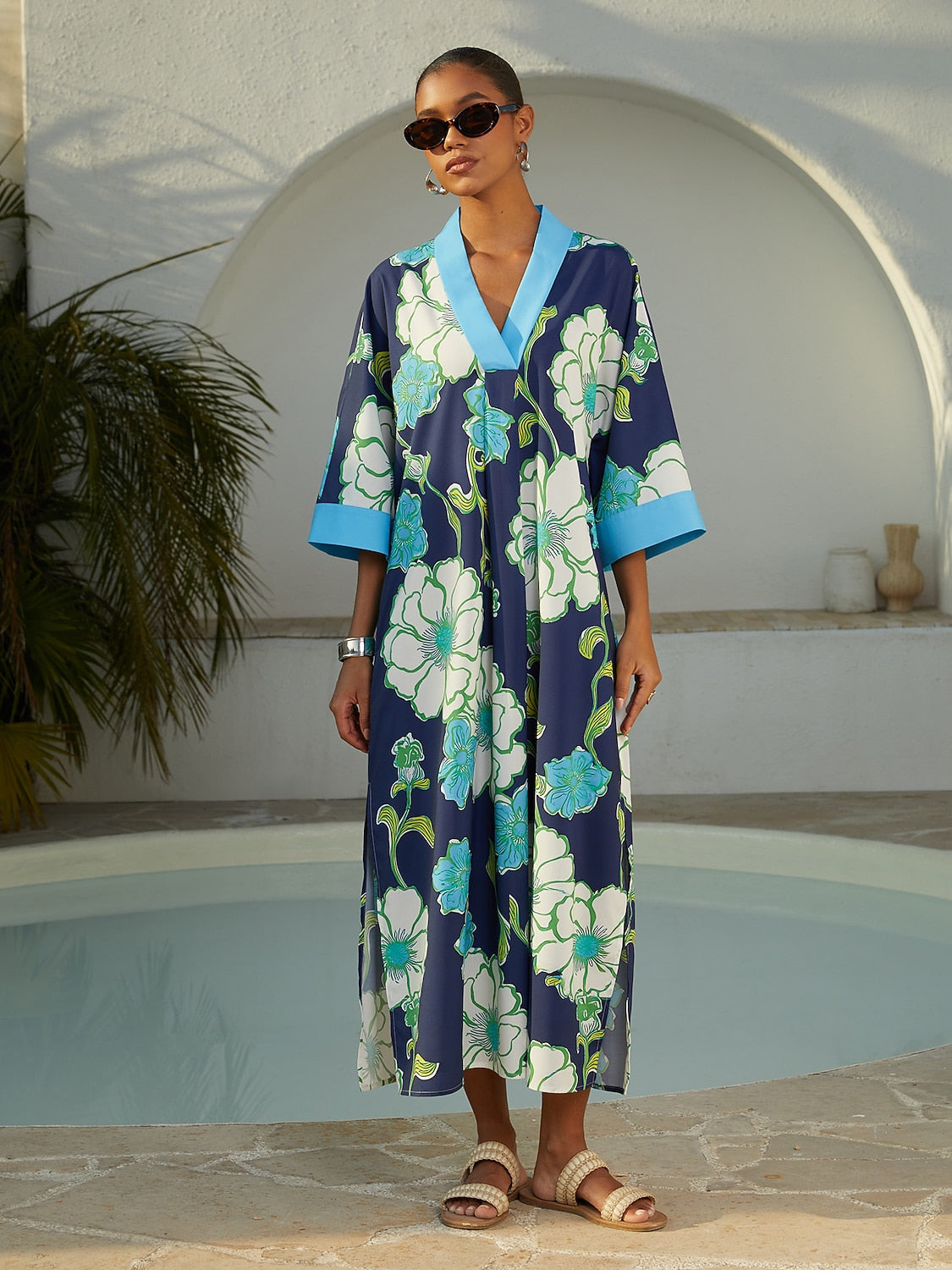 Vacation Color Block Floral Dolman Sleeve Loose Fit Rayon Like Maxi Dress