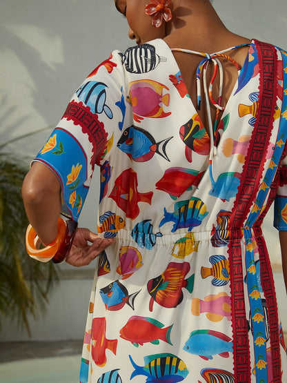 Vacation Ocean Elements Shirred Satin Mini Dress