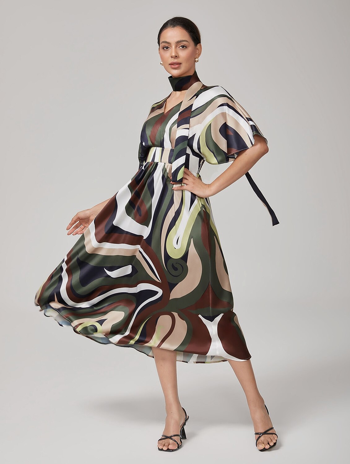 Camouflage Satin V-Neck Cinched Dress