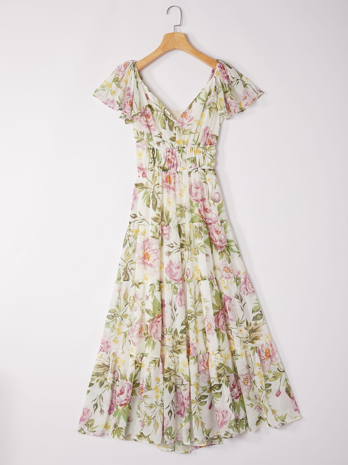 Elegant Floral Print Chiffon Flowy V-Neck Backless Maxi Dress