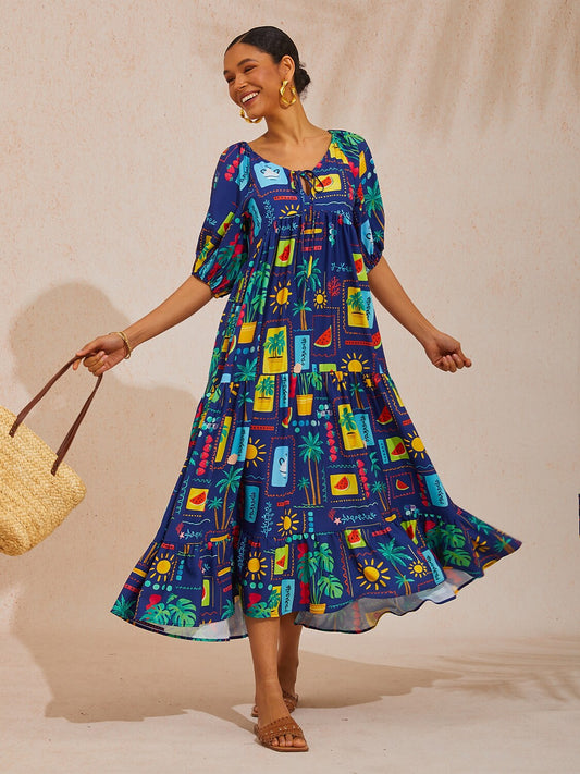 Vacation Tropical Geometric Print A Line Satin Maxi Dress