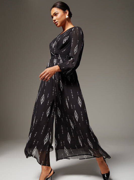 Jumpsuit Black Chiffon Printed Wide Leg Waist Cinching