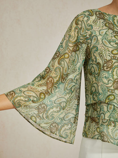 Blouse Green Paisley Floral Loose Fit Round Boat