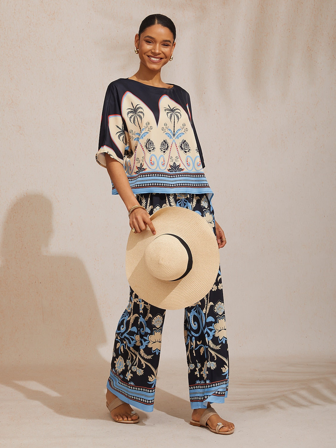 Summer Night Palm Silky Satin Dolman Sleeve Top