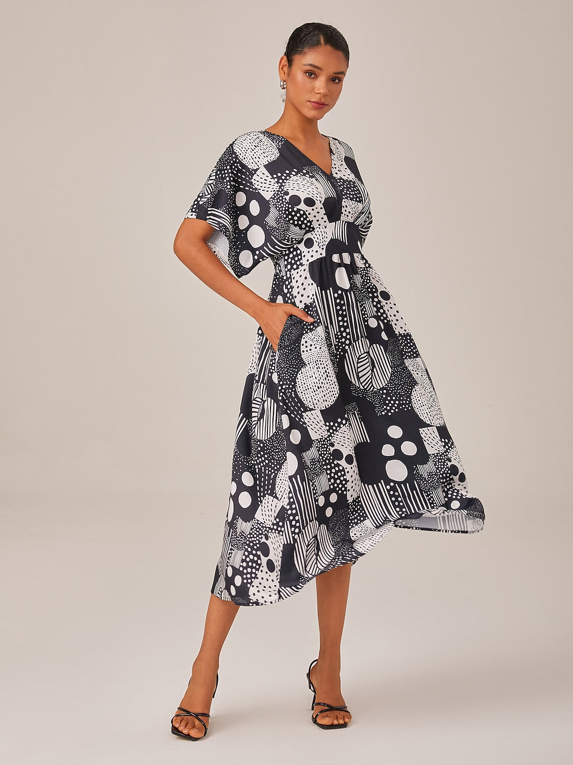 Midi Dress Chiffon Geometric Polka Dot Print