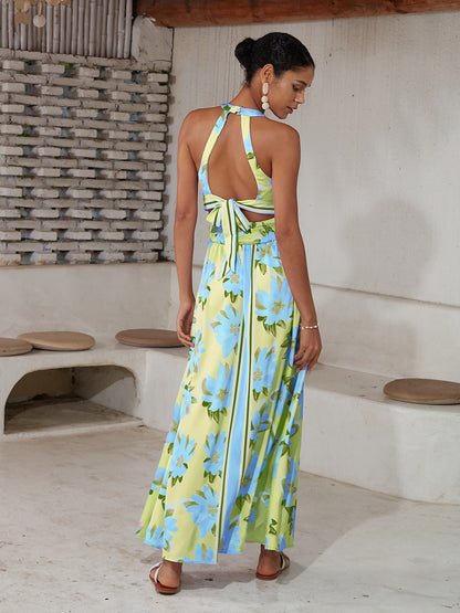 Satin Print Halter Backless Maxi Dress