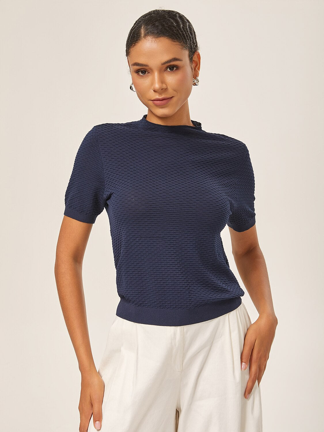 Luxe Textured 3D Jacquard Knit Navy Blue Top