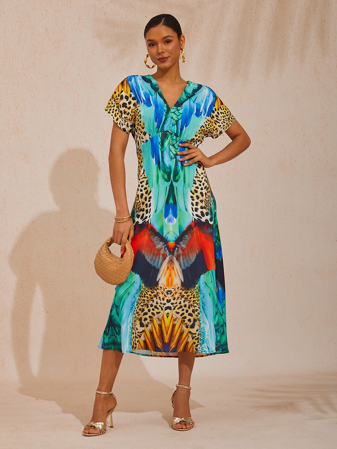 Vacation Jungle Beast Print Fitted Waist Satin Maxi Dress