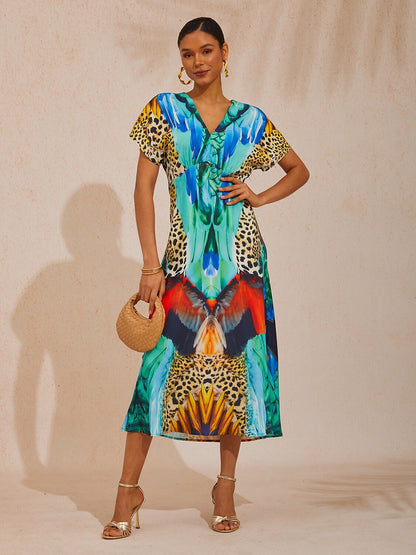 Vacation Jungle Beast Print Fitted Waist Satin Maxi Dress