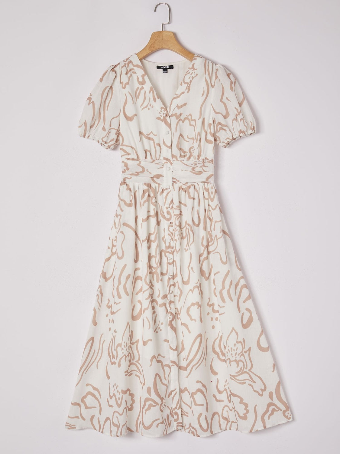 Abstract art print Linen-Like Fabric Waist-Cinching Maxi Dress