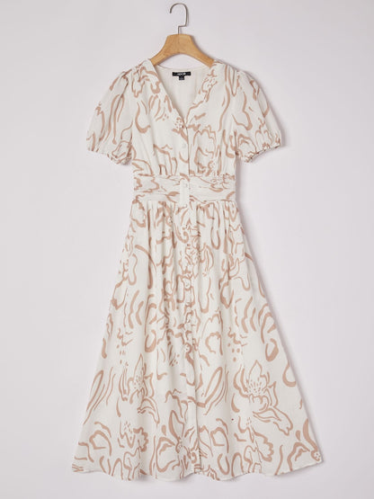 Abstract art print Linen-Like Fabric Waist-Cinching Maxi Dress