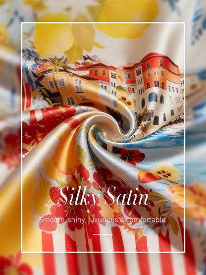 Vacation Scenic Floral Print Straight Satin Shirt Dress