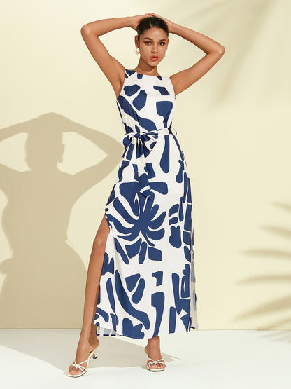 Matte Satin Sleeveless Floral Print Vacation-Style Maxi Dress