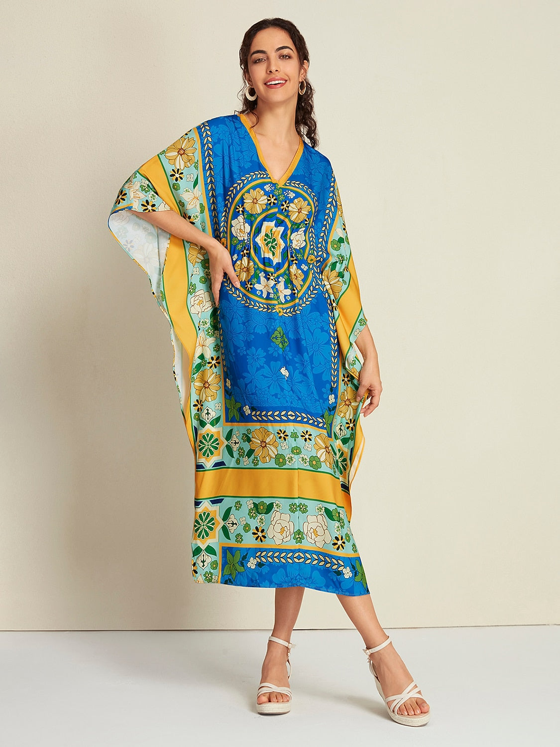 Satin Caftan Bandana Print Raglan Midi Dress
