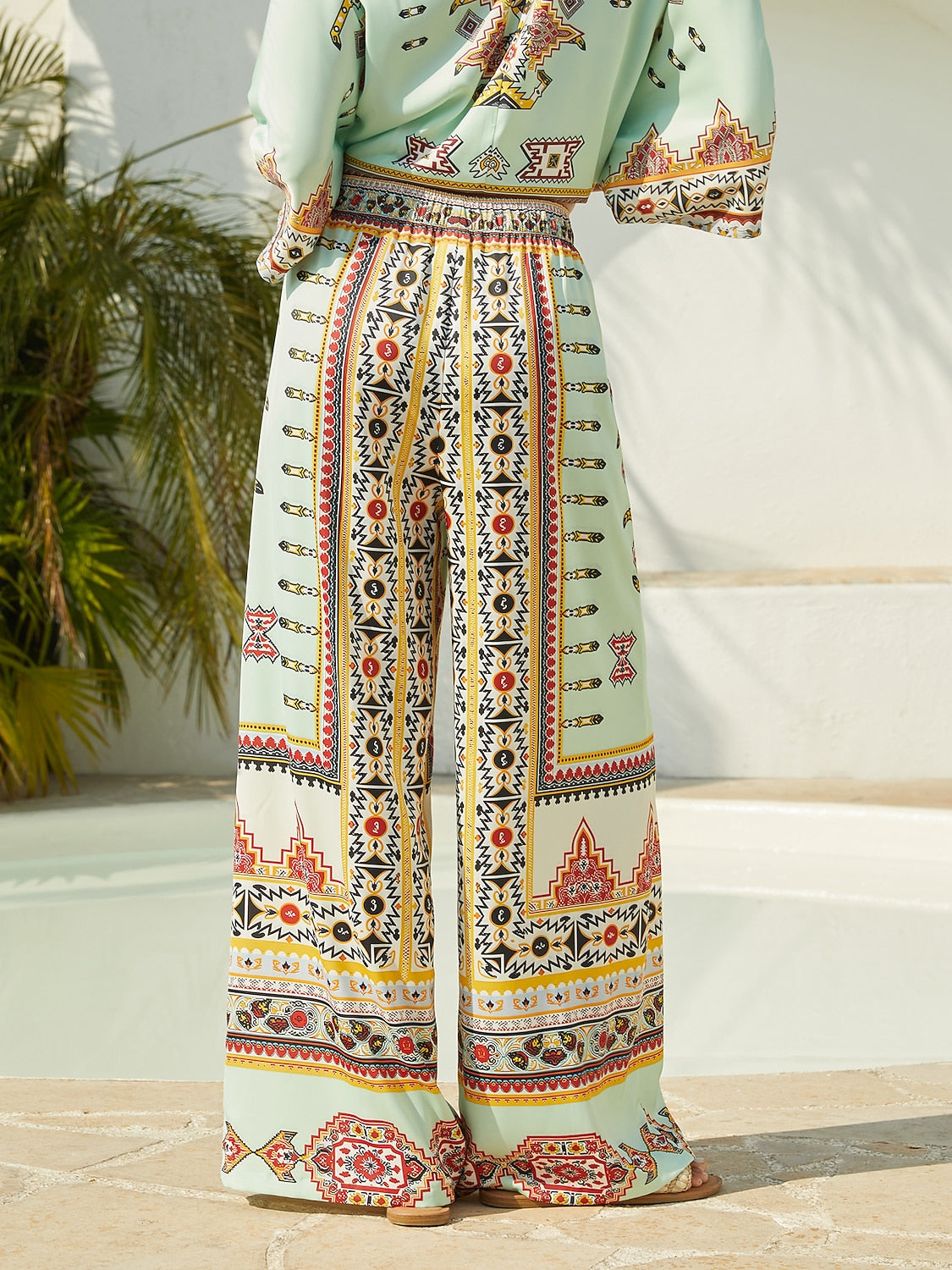 Vacation Geometric Print Satin Wide leg Pants