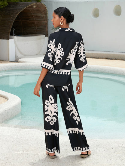 Top Satin Raglan Modern Lapel Black Print